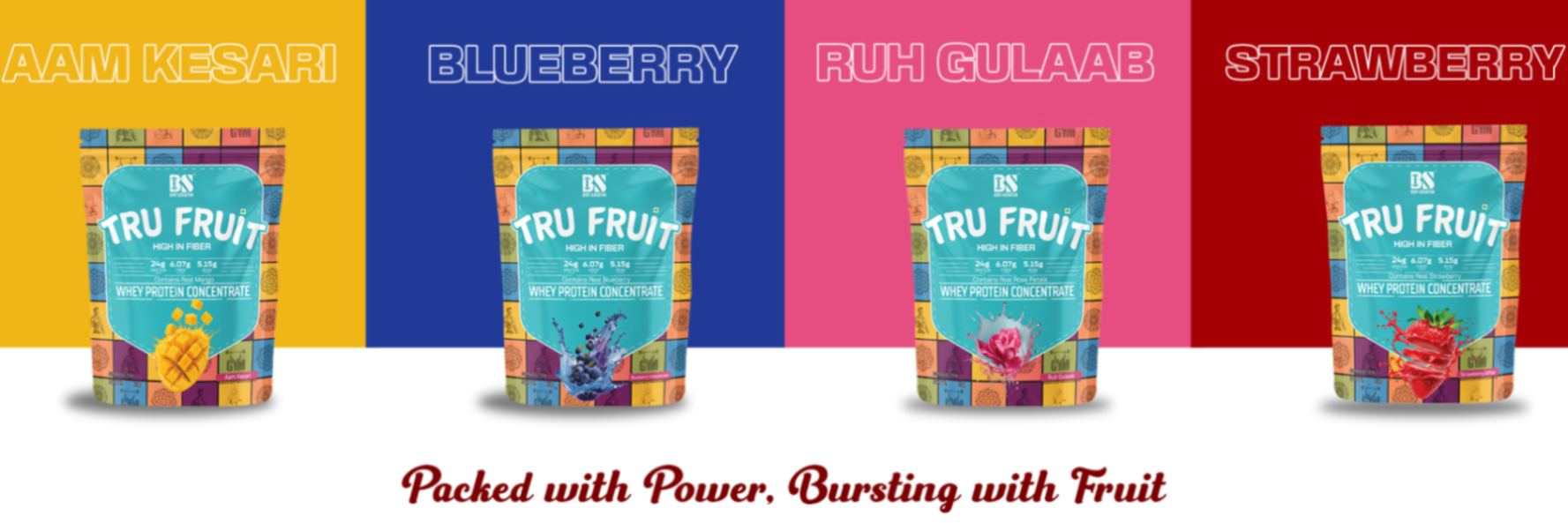 Four packages of Tru Fruit with different flavors on a colorful background